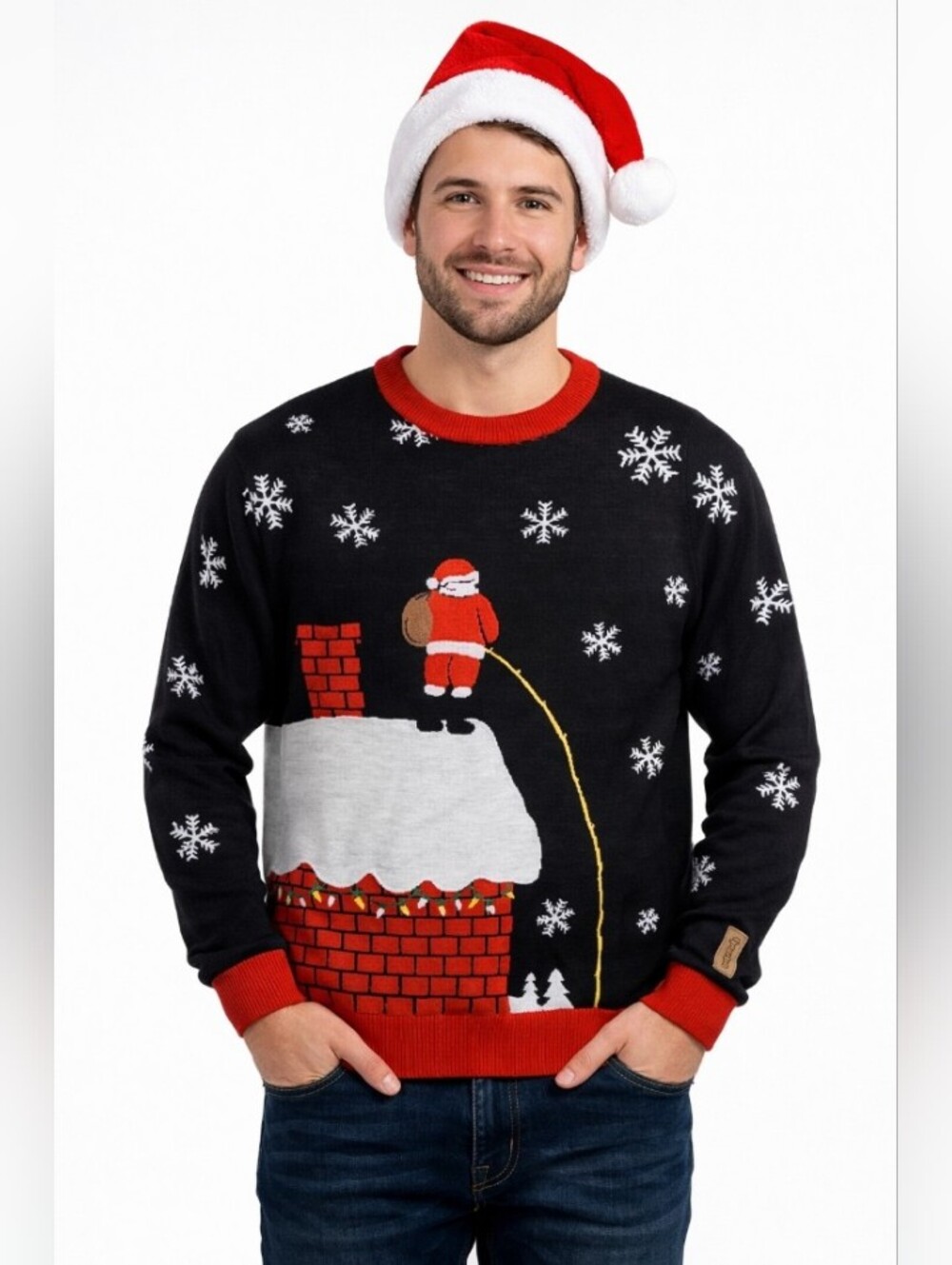 Tipsy Elves Dark Navy Red Christmas LED Novelty Crewneck Sweater Leaky Roof L